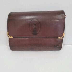 Cartier Vintage Wallet Trifold Leather Bordeaux Red Medium Retro Kisslock Fair